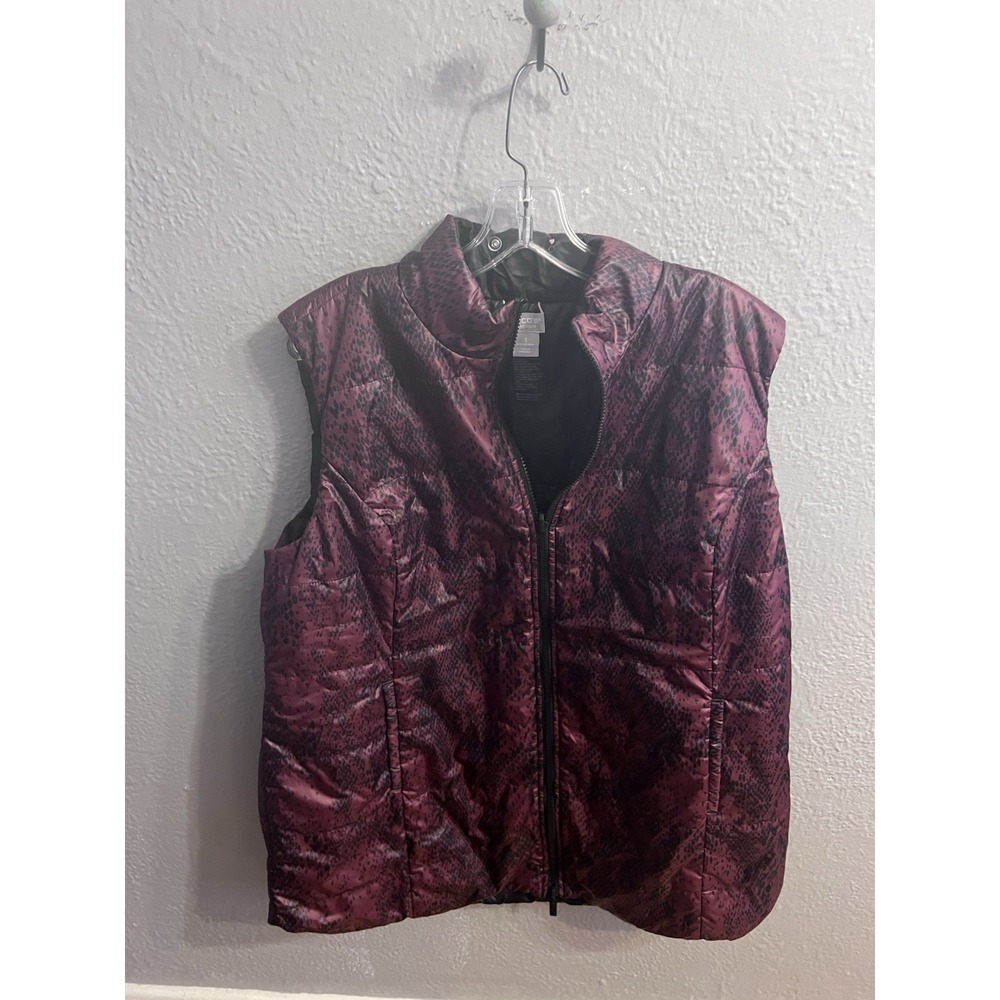 Chicos Quilted Puffer Vest Maroon Black Print Zip Front Outerwear Size 3